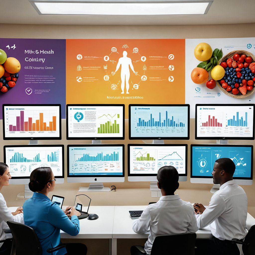 A diverse group of people engaged in a virtual health consultation on screens, surrounded by symbols of preventive care like fruits, exercise equipment, and medical icons. The atmosphere conveys empowerment and innovation, with a warm and inviting color palette. Include elements like a digital heartbeat and charts illustrating health progress. super-realistic. vibrant colors. 3D.
