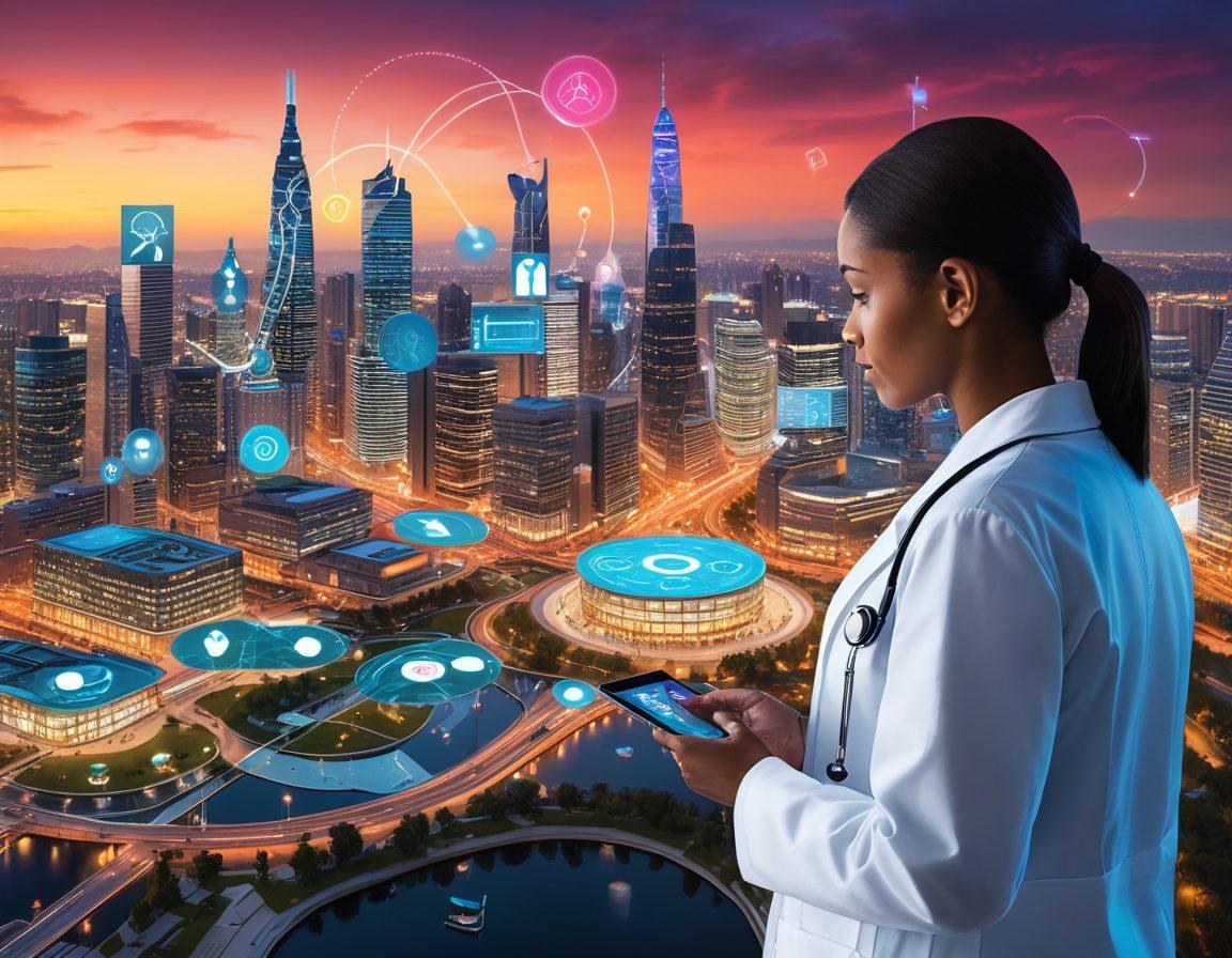 A futuristic landscape showcasing diverse digital health tools like apps and wearables, merging seamlessly with traditional healthcare symbols such as a stethoscope. In the foreground, a diverse group of patients and healthcare professionals are engaging with technology, sharing knowledge and strategies for chronic disease management. The background features a glowing city skyline symbolizing a connected digital health ecosystem. Illustrate a sense of collaboration and empowerment. vibrant colors. 3D.