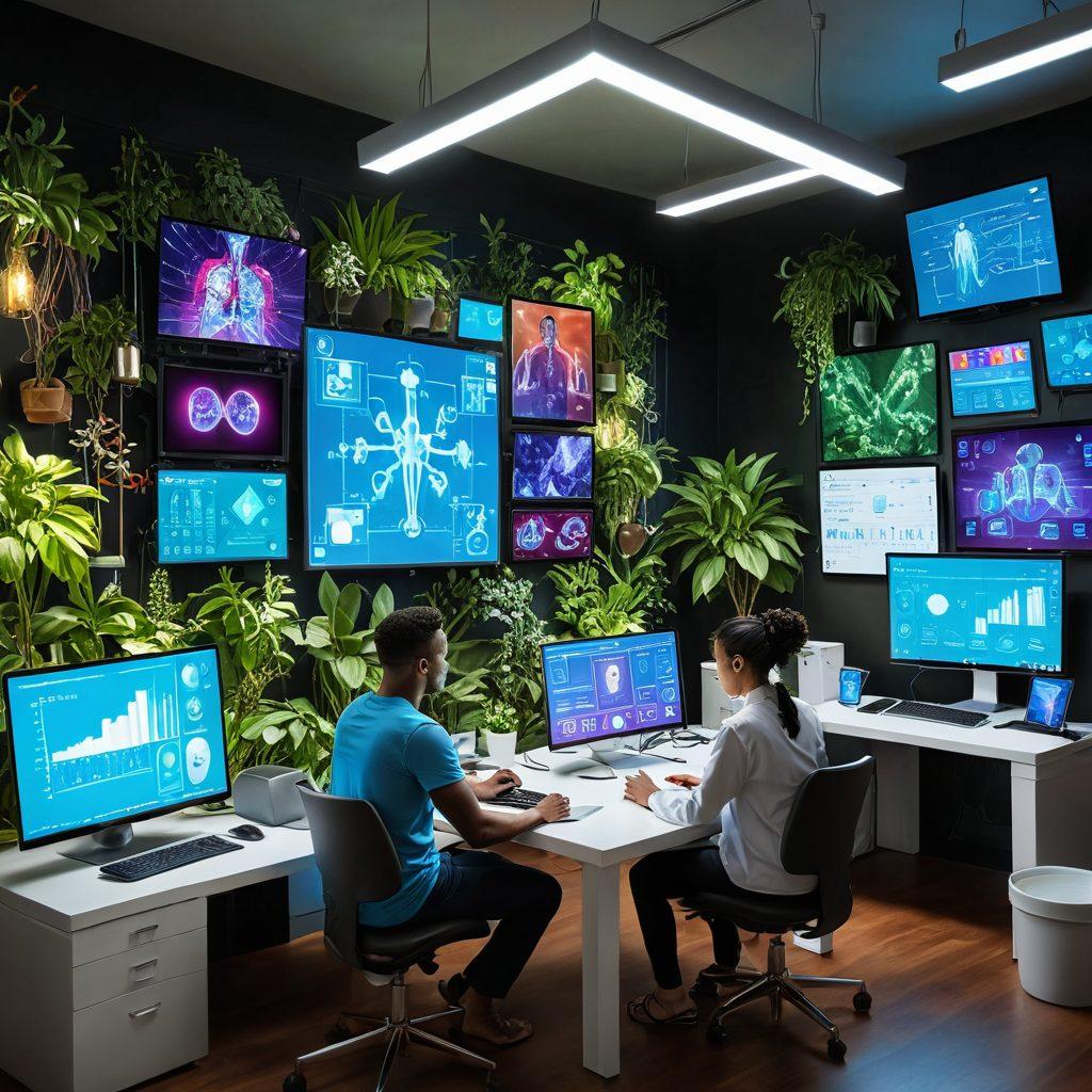 A futuristic healthcare scene showcasing a diverse group of people engaged in telehealth consultations via digital devices, surrounded by wellness tips and health insights presented visually, such as charts and icons. Include a serene background with plants symbolizing wellness and technology, along with glowing interfaces of telehealth applications. The atmosphere should feel empowering and warm, emphasizing the connection between technology and health. vibrant colors. super-realistic.